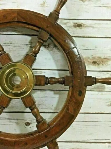 24"Brass Wooden Nautical Ship Steering Wheel Pirate Décor Natural Wood Wall Boat