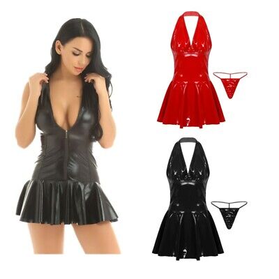 Sexy Women Wet Look Mini Dress Leather Pleated Dresses Backless Party Mini Skirt