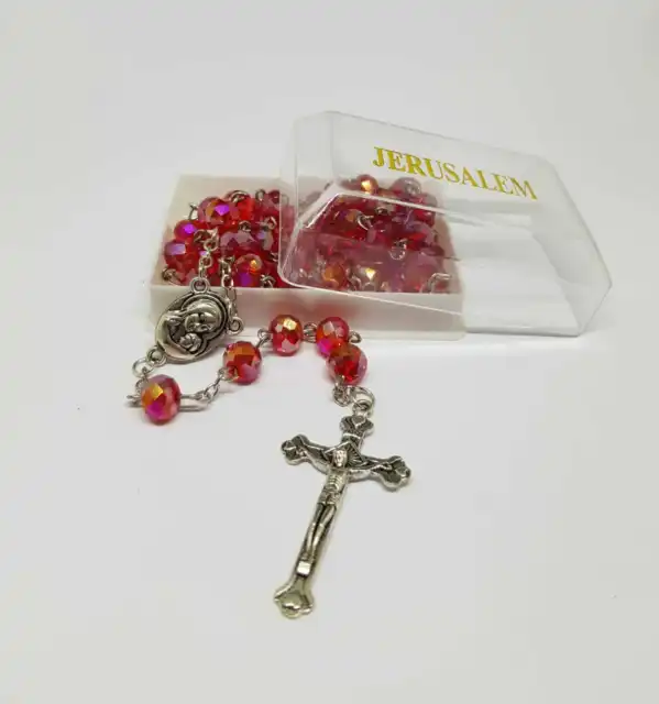 Rosary Necklace Jerusalem Catholic Beads Soil RED Crystals Holy Land Crucifix