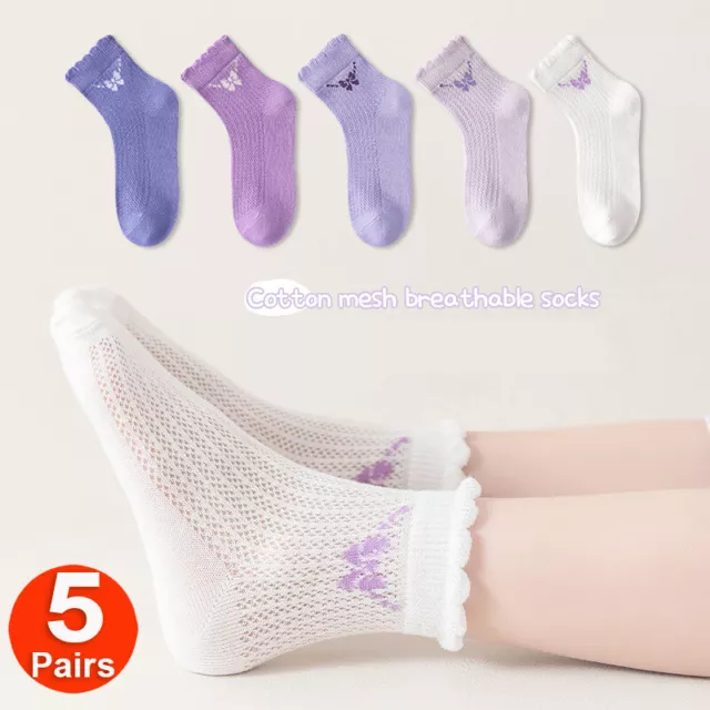 5PAIRS Girls Summer Mesh Thin Cotton Socks Set Kids Children Solid Color Socks