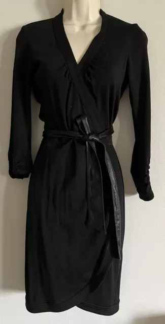 Diane Von Furstenberg Womens Size 0 Wrap Dress Wool And Natural Leather Black