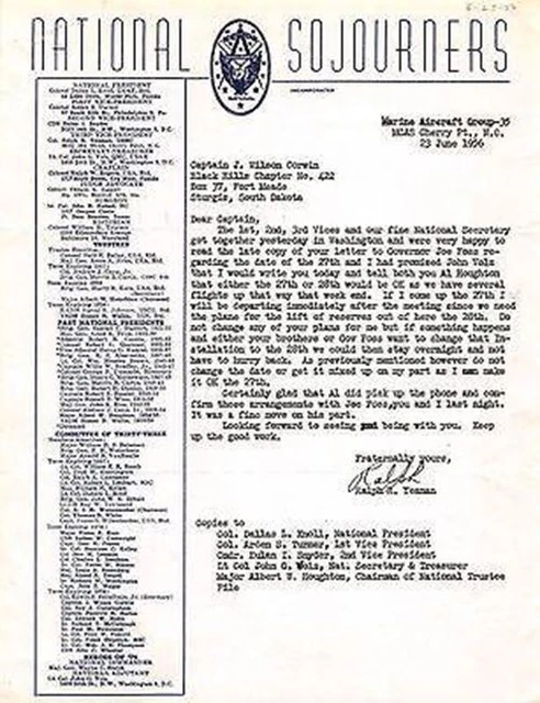 Ralph Yeaman Masonic National Sojourners Autograph Signed Letter 1956