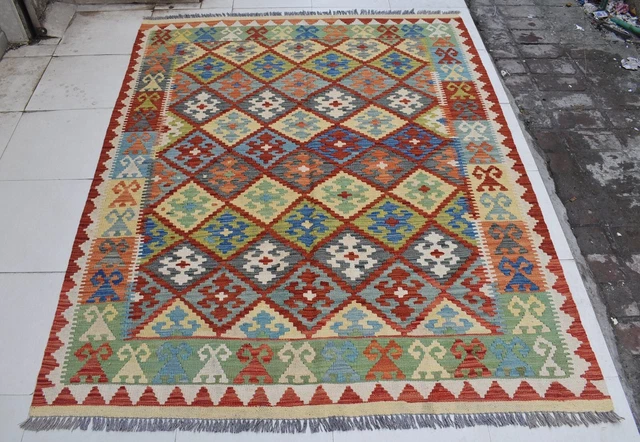 5'2 x 6'7 Handmade afghan tribal khotrang wool area kilim rug, 5x7 persian rug