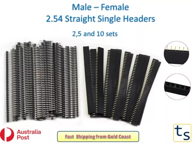 2,5 or 10 pack Straight Male / Female Single Row 40 Pin 40 Socket Headers 2.54mm