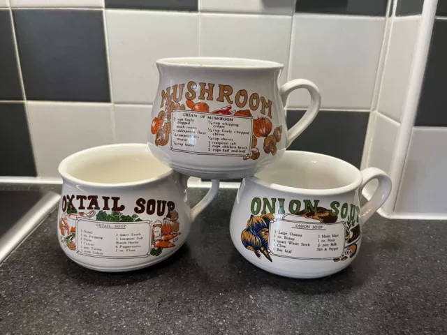 Retro Recipe Ceramic Soup Mug Bowls With Handle - Set of 3 Vintage Mugs