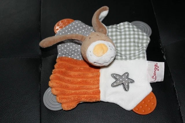 Doudou plat chien lapin marron blanc gris orange BENGY anneau dentition etoile