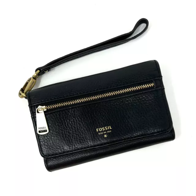 Fossil Preston Black Pebbled Leather Flap Clutch Wristlet Wallet