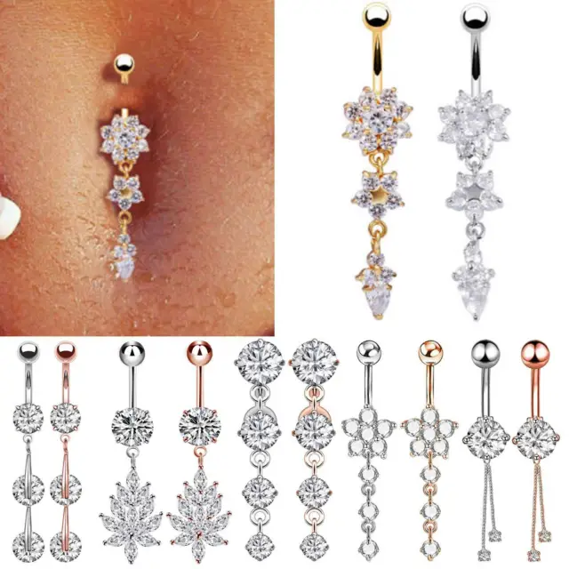 14G CZ Dangle Belly Button Ring Surgical Steel Bar Navel Ring Piercing Jewelry