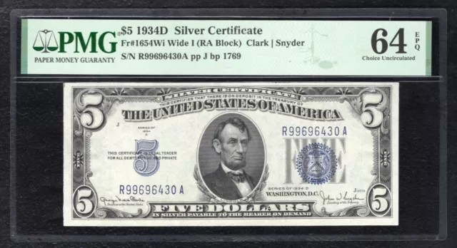 FR. 1654Wi 1934-D $5 SILVER CERTIFICATE CURRENCY NOTE PMG UNCIRCULATED-64EPQ