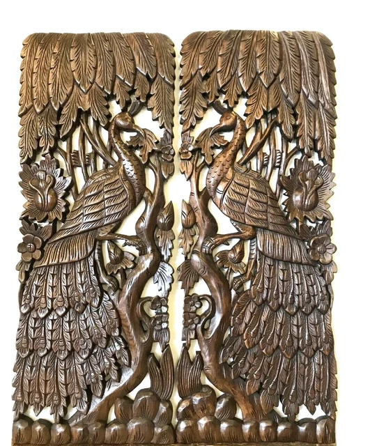 2 pcs. Peacock Animal Carved Wood Wall Art Panels Home Decor. Brown Extra Thick