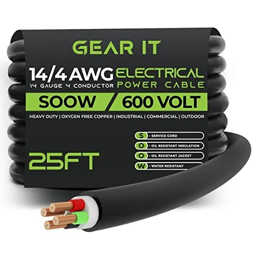 14/4 14 Awg Portable Power Cable 25 Feet 4 Conductor Soow 600v 14 Gauge Electr