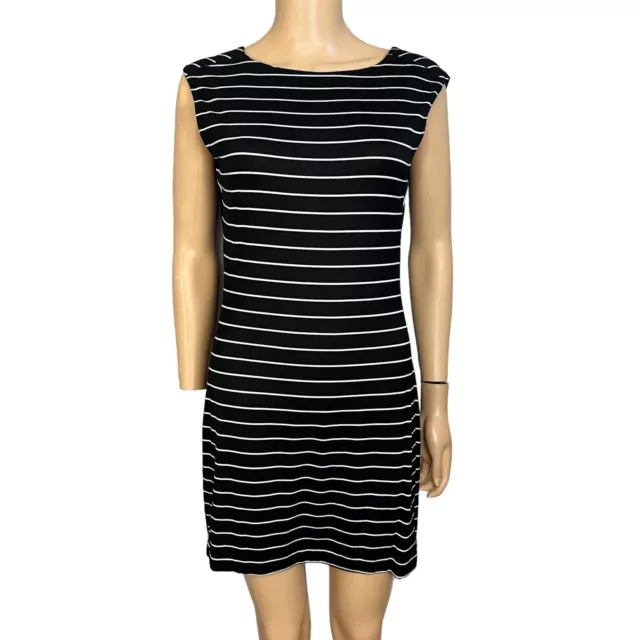 Calvin Klein Tank Dress Striped Mini Jersey Knit Black White Boat Neck Size 4