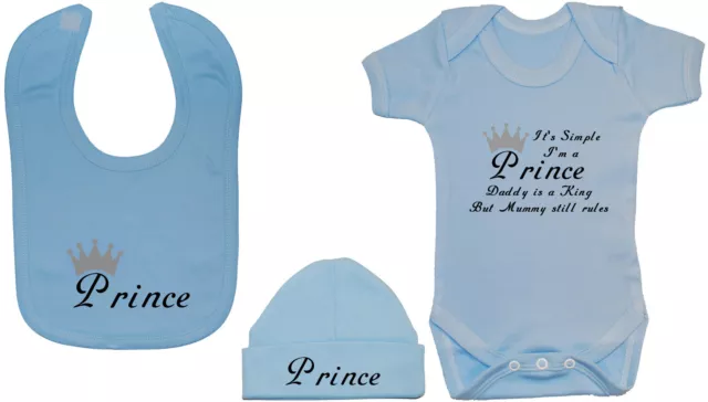 Prince Babygrow Bodysuit Romper Vest, Feeding Bib & Hat/Cap NB-12mths Boy Funny