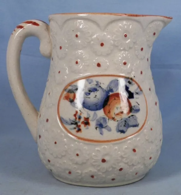 Art Pottery Pitcher Blue & Persimmon Flowers Made in Japan Circa 1940s Vintage