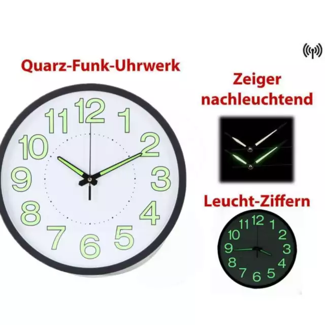 30CM Funk-Wanduhr Funkuhr mit Quarz-Uhrwerk nachleuchtenden Ziffern und Zeigern