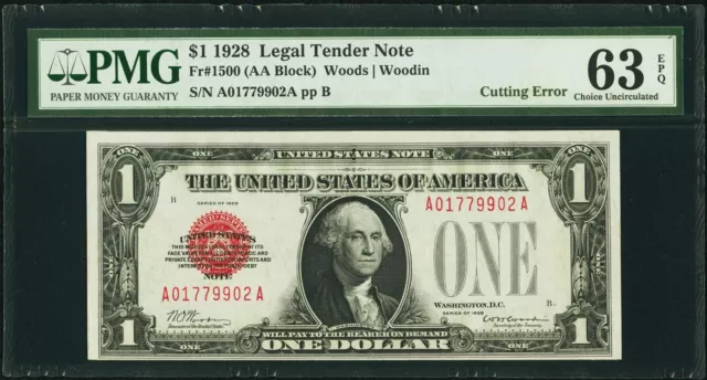 **Error Note** $1 Bill 1928 Red Seal Funny Back Fr 1500 Aa Block Pmg 63 Epq Rare