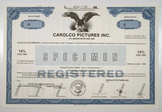 Carolco Pictures Inc., 1988 $Odd Specimen 14% Registered Temporary Bond, VF