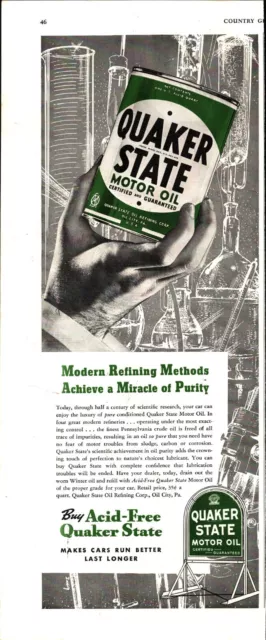 1938 Quaker State Motor Oil Chemical Chemistry Lab Vintage  Ad nostalgic b9