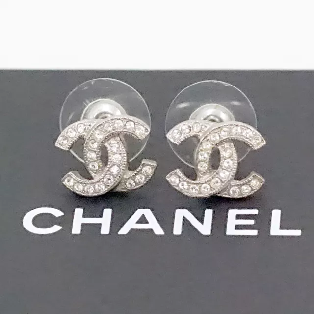 CHANEL MINI CC Logo Crystal Stud Earrings Silver Tone P20V Auth w/BOX  $645.00 - PicClick