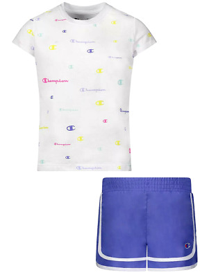 Champion Little Girls 2 Pc T-Shirt & Shorts Set NWT Size 5 or 6  White & Blue