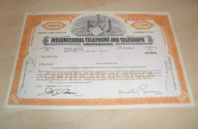 International Telephone and Telegraph 200 Shares Historische Aktie 1968 orange