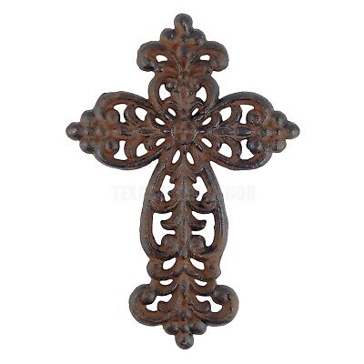 Fleur De Lis Floral Religious Wall Cross Cast Iron Antique Victorian Style 10 in