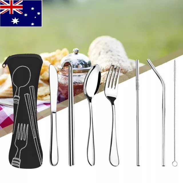 Cutlery Set 8Pcs Travel Knife Fork Portable Bag Stainless Steel Spoon Chopstick