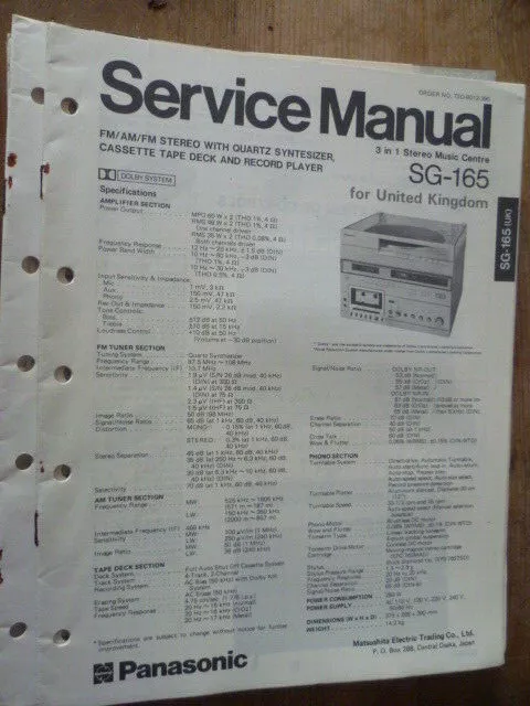 Technics / Panasonic   SG-165 (UK)  Stereo Music Centre  Service Manual
