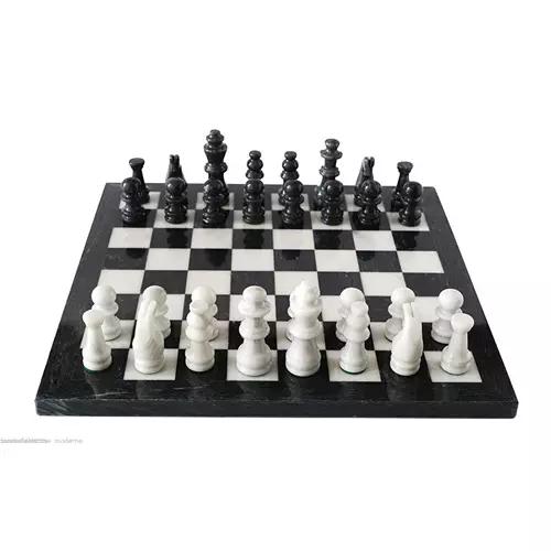 Scacchiera Marmo Naturale Nero e Bianco con Scacchi Marble Table Chessboard 30cm