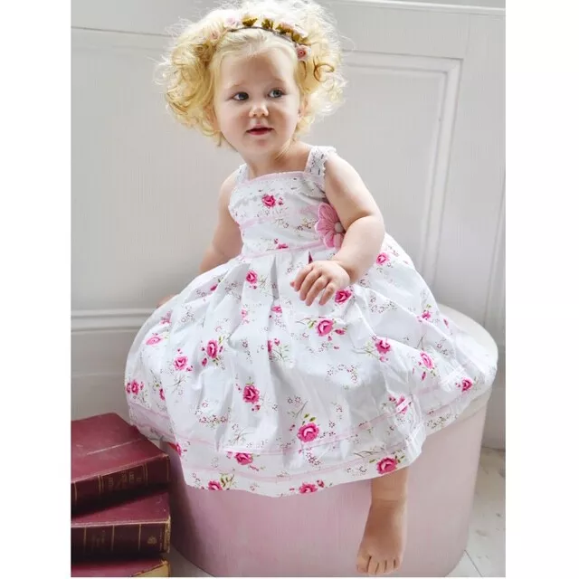 *SALE* Powell Craft Girls White Pink ROSE Dress Sundress Summer 2-3 & 4-5 yrs