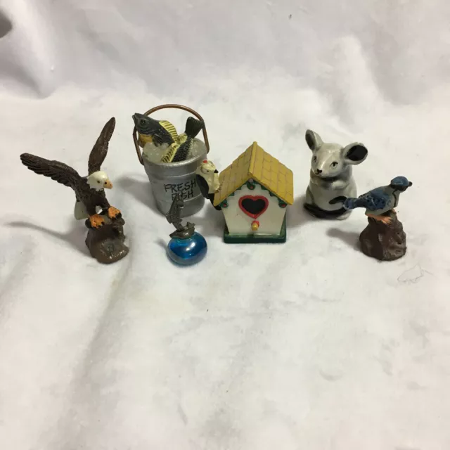 Lot of 6 minature figures Mouse Fish Birdhouse Birds 2"and under Collectibles