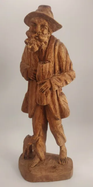 Vintage Rustic French Hand Carved Wooden Figurine Bearded Old Man With Dog