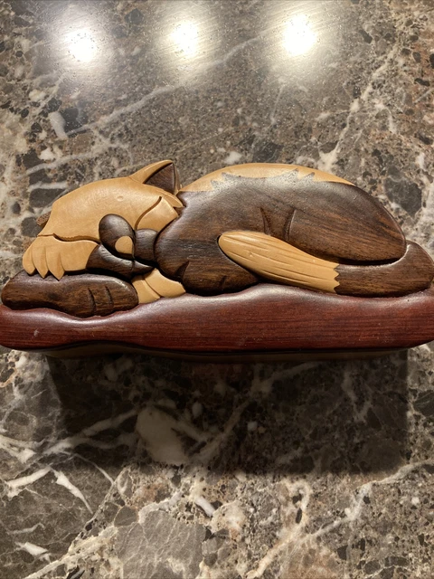 Kitty Cat Jewelry Box Hand Crafted Wooden Puzzle Trinket Pre-Owned