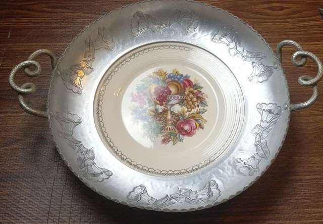 VTG TRIUMPH LIMOGES White 22K Gold China Plate Insert Wrought Iron Tray ...