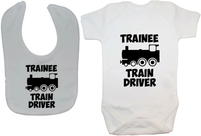 Trainee Train Driver Baby Grow Bodysuit Vest Romper & Feeding Bib 0-24m Gift