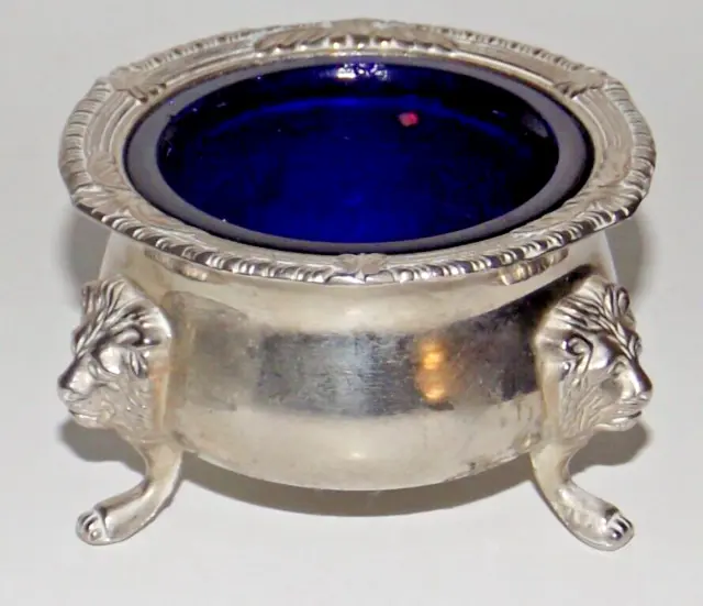 Cobolt Blue Glass Open Salt Pot Dish in EPNS Lion Feet Holder Antique Tableware
