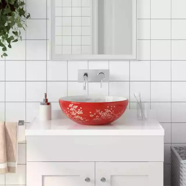 Arbeitsplatte Becken Weiß und Rot Rund Φ41x14 CM Keramik