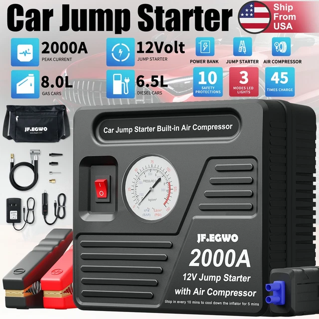 JF.EGWO 2000A PEAK 12V 20000mAh Car Jump Starter 150 PSI Air Compressor
