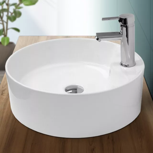 Lavabo sobre encimera redondo lavamanos ceramica blanca baño aseo 460 x 155 mm