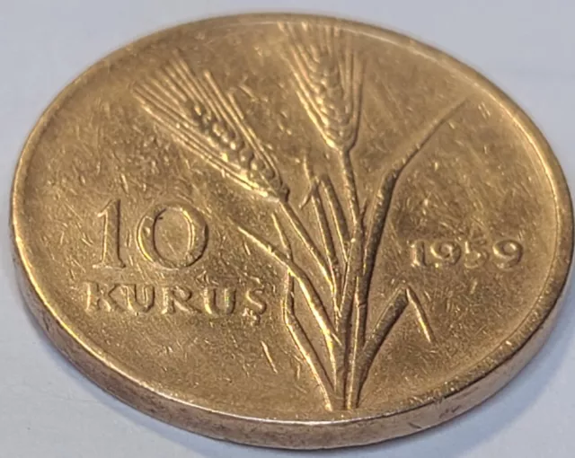 Turkey 1959 10 Kurus KM#891 Bronze Turkish Crescent NICE COIN US SELLER