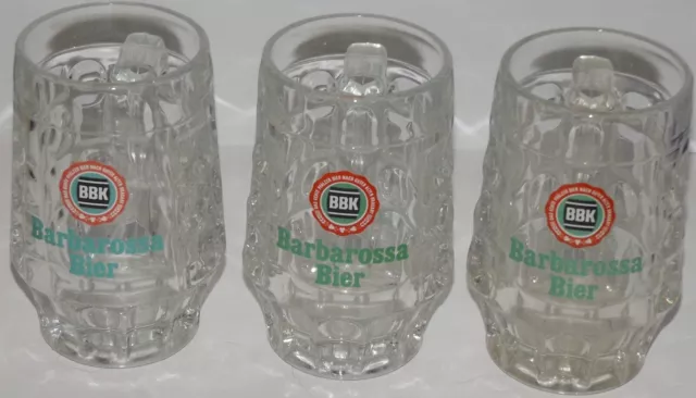 3 DIMPLED HEAVY GLASS BEER MUG SET "BBK BARBAROSSA EXPORT" 0.2L Vtg 80' W.GERMAN