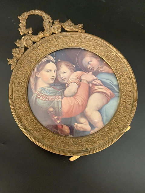 Large Antique Round French Louis XV Wreath Bows Bronze Pictures Photo Frame