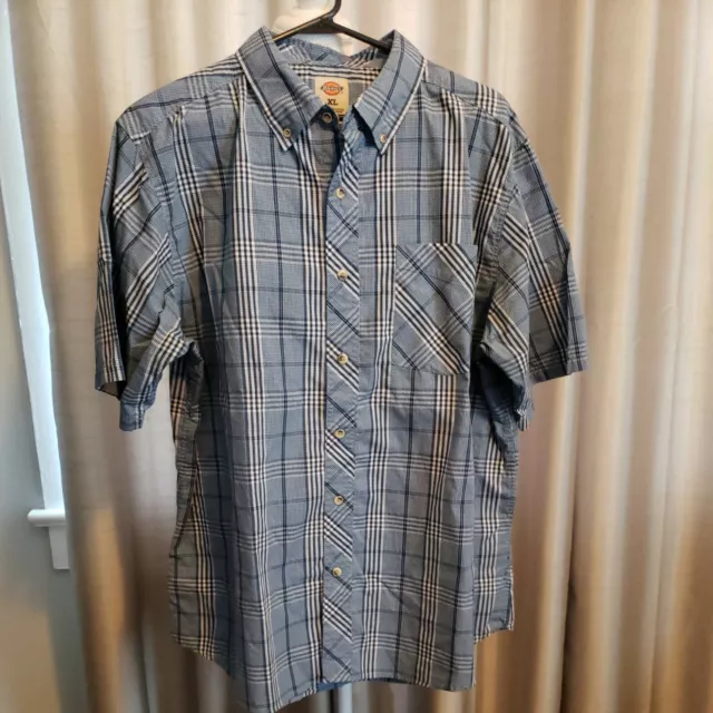 Dickies Short Sleeve Shirt Mens Size XL Button Up Blue White Plaid