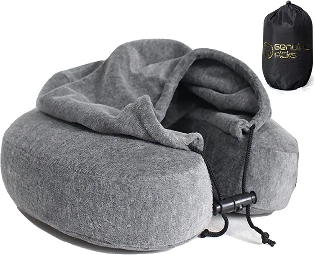 Luxury Memory Foam Neck Travel Pillow with Hoodie. Stylish Carry Bag. Premium Ve