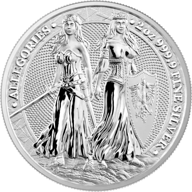 Polonia & Germania 2022 The Allegories 10 Mark 2 Oz Pure Silver Bu Coin Blister