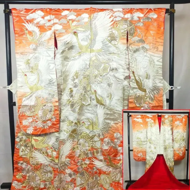 0515:Japanese  Kimono  "Uchikake"  pure silk,Pine and Cranes,silver embroidery