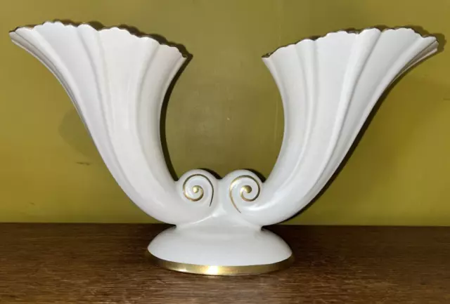 CARLTON WARE DOUBLE CORNUCOPIA VASE CREAM and GOLDEN GILDING