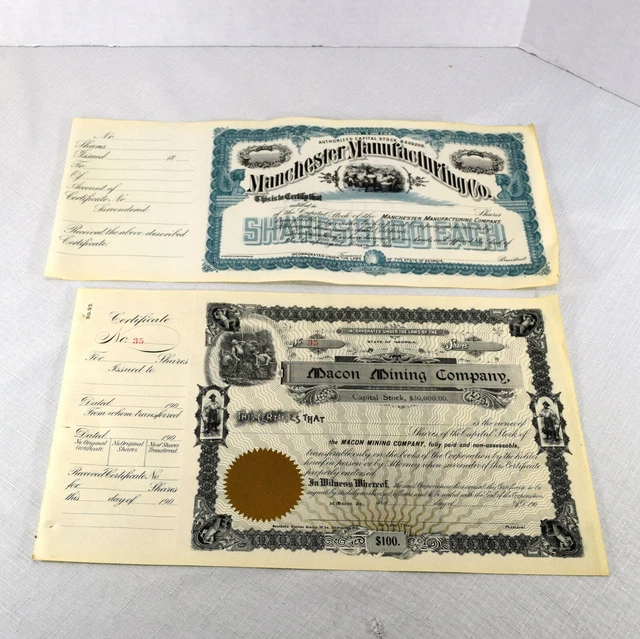 2 Vintage Certificates Macon Mining  Manchester Manufacturing Macon GA