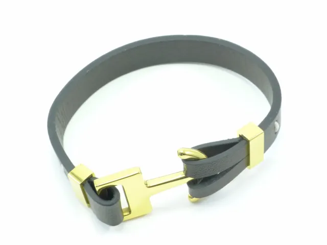 Anchor Nautical Bracelet Men's Black Genuine Leather Stainless Steel Gold Mens