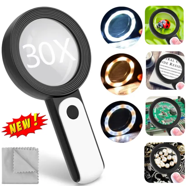Handheld Magnifying Glass With 3LED Light 30X High Powe Illuminated Magnifier AU